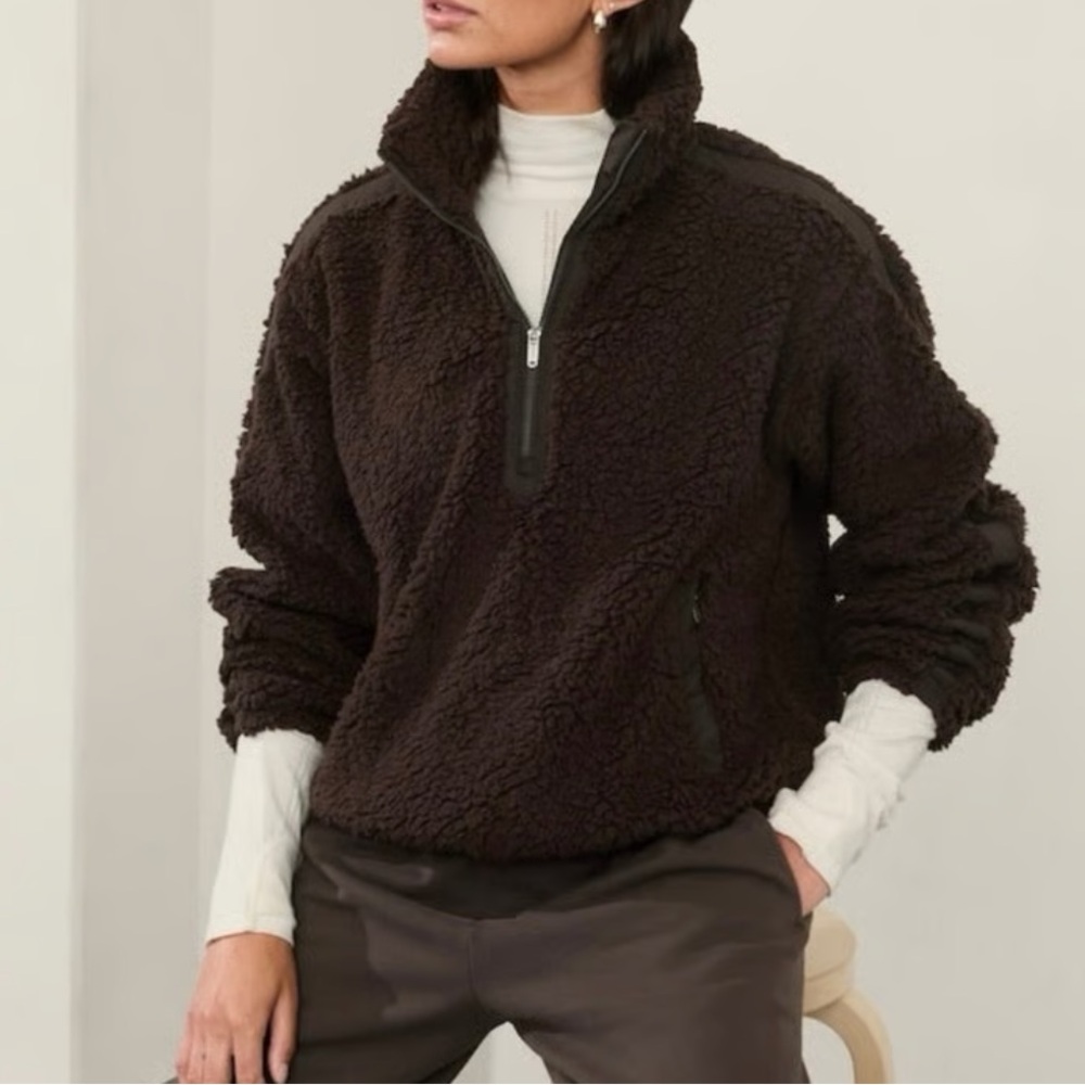 Athleta Dark Brown Sherpa Quarter-Zip Sweatshirt
